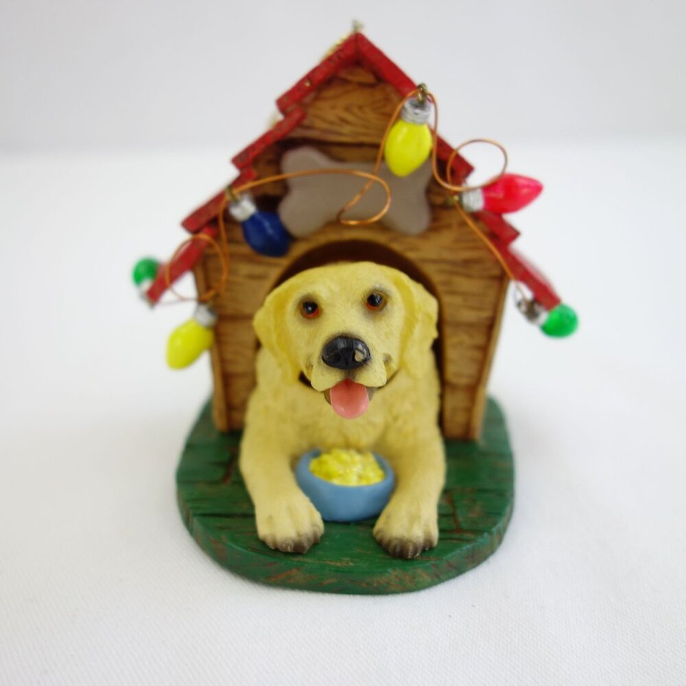 Vintage 90s Yellow Labrador Bobble Head Dog In Dog‎ House Christmas Ornament